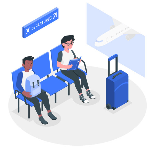 illustration of two travelers sitting down waiting to board