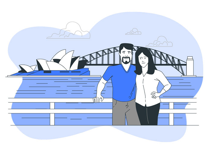 an illustration of a couple posing in front of the sydney opera