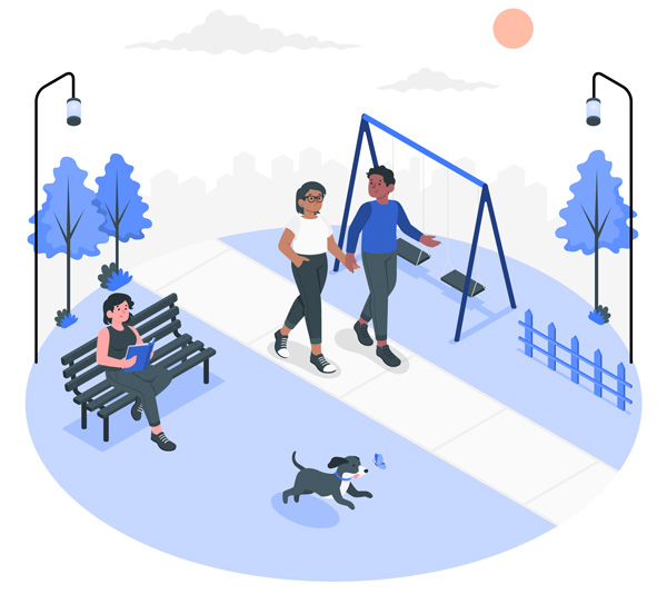 an illustration of a couple walking down the park