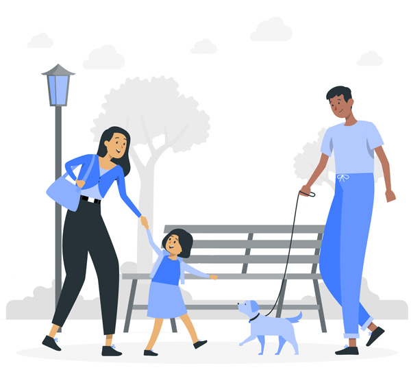 an illustration of a mom and daughter walking, another gentleman walks his dog