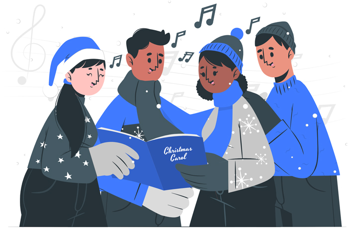 cartoon of four people singing christmas carols