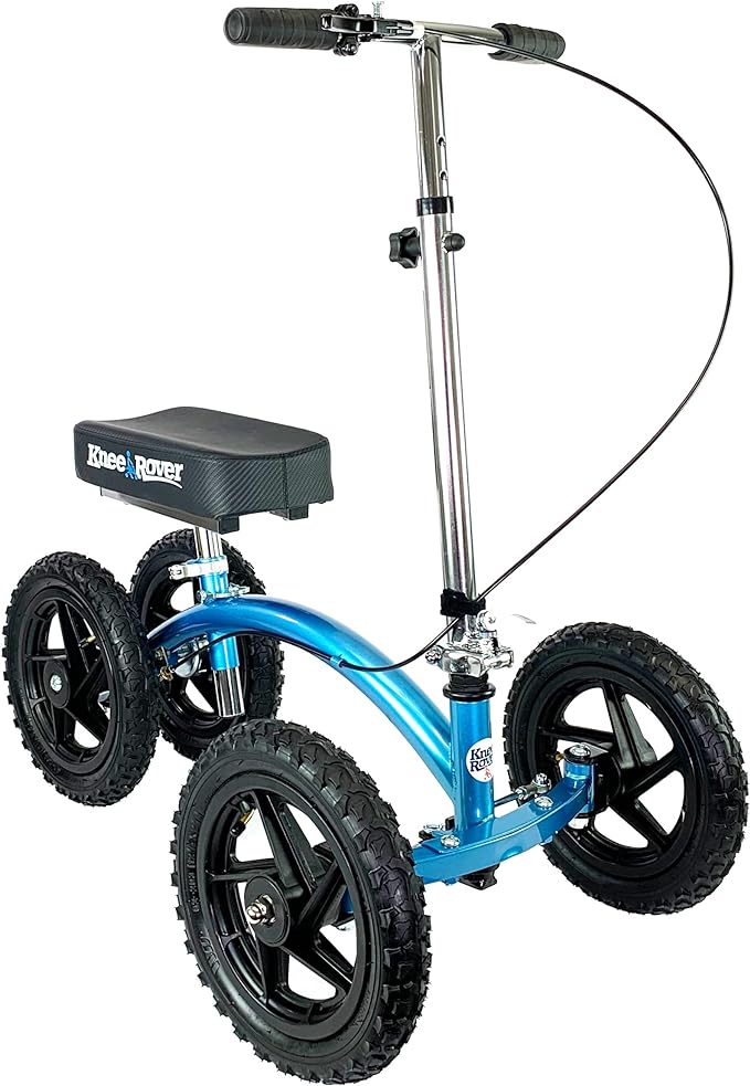 A KneeRover knee scooter with a blue frame, featuring large, rugged tires and a comfortable cushioned seat. The scooter includes an adjustable handlebar with brakes.