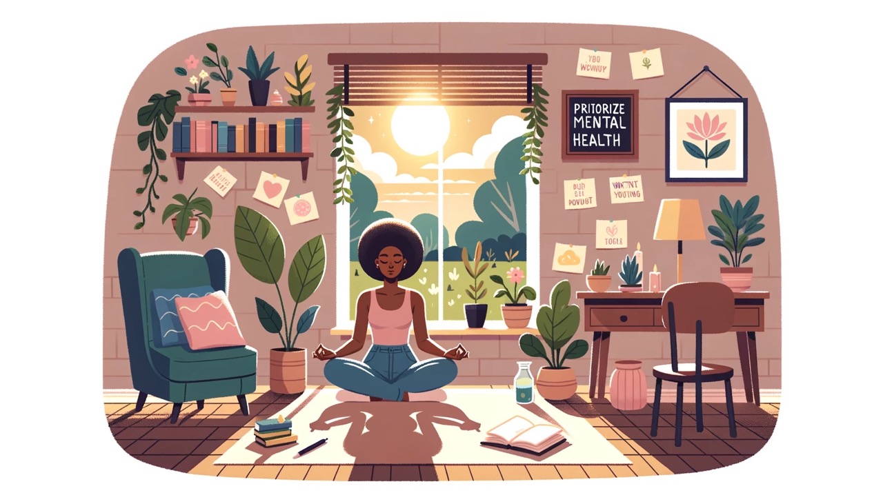 A minimalist design depicting a diverse woman journaling in a tranquil environment with a candle, plant, and books. The scene emphasizes the significance of self-care and mental health.