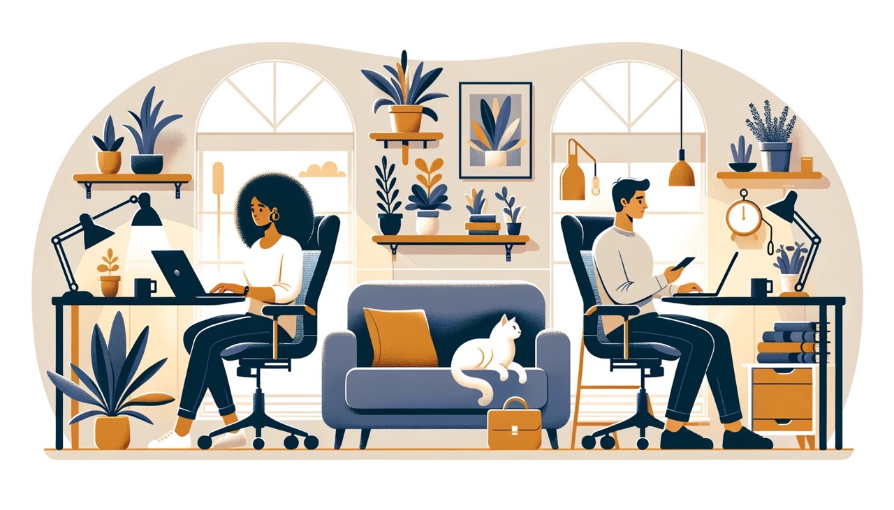  A detailed depiction of a home office setup with a computer, headphones, coffee mug, and potted plants. The illustration emphasizes the comforts and benefits of working from home.