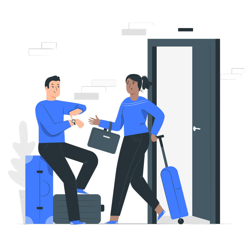 illustration of a male and female traveler with suitecases