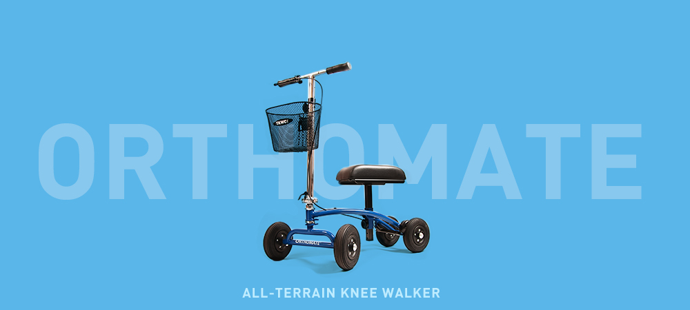 A feature image of the Orthomate knee scooter, a versatile mobility device known for its ergonomic design and robust construction. The image highlights the Orthomate's stable platform, padded knee rest, and adjustable handlebars, ensuring optimal comfort and support for users. With its durable frame and large wheels, the Orthomate offers a smooth and secure ride, making it an excellent choice for individuals seeking reliable mobility assistance.