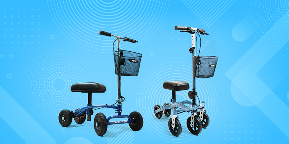 A visual representation of two different knee scooter models, the Swivelmate and the Orthomate, positioned next to each other in an illustration.