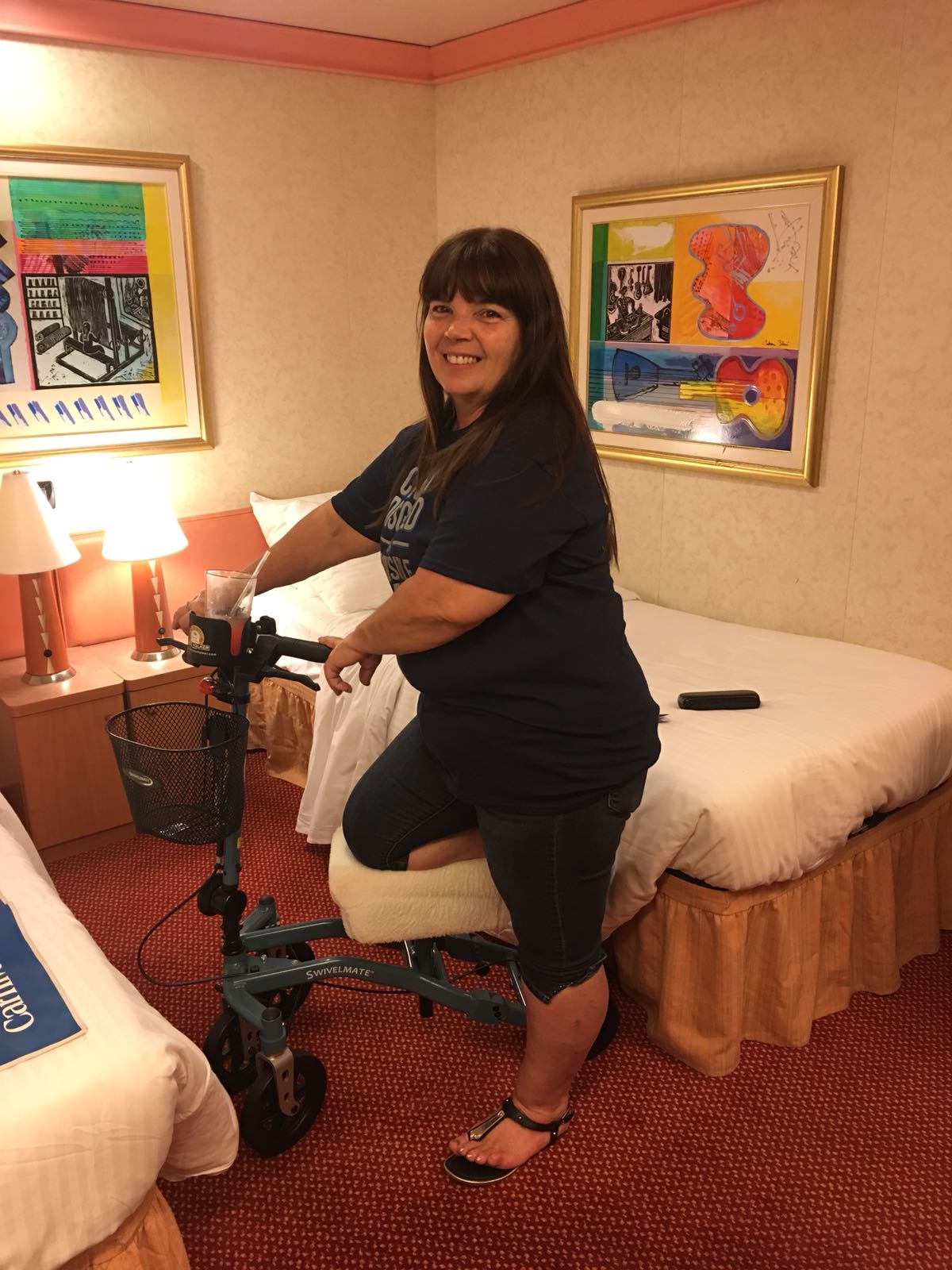 Woman on knee walker in cabin