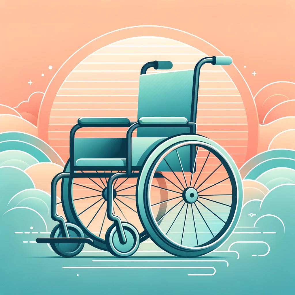 Vector design of a wheelchair set against a backdrop of soothing and cheerful gradient colors transitioning from peach to soft teal. The wheelchair is displayed prominently in the center, highlighting its features.