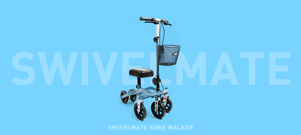The Swivelmate knee walker featured against a matching blue backdrop, highlighting its compact design and convenient front basket.