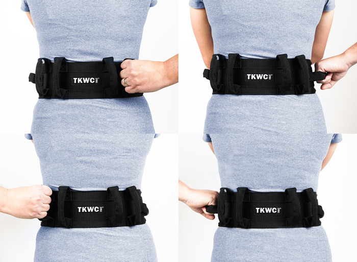 a grid of a model wearing a tkwc transfer belt. a caregiver holds on to it from different angles to demonstrate versatility.